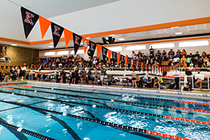 Kalamazoo College Natatorium swimming lanes with crowd in stands for the K vs Alma meet.